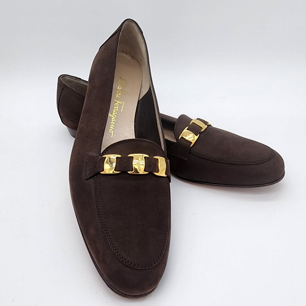 Salvatore Ferragamo Botique Brown Loafers Vintage Gold Buckle Size 8 AA
